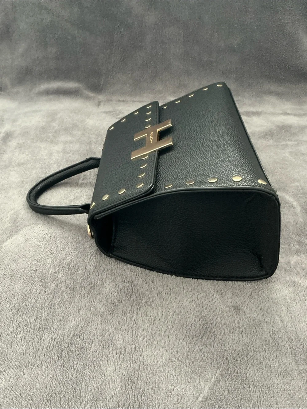 NWT Halston Heritage Black Vegan Leather Top-Handle Satchel with Gold H Clasp